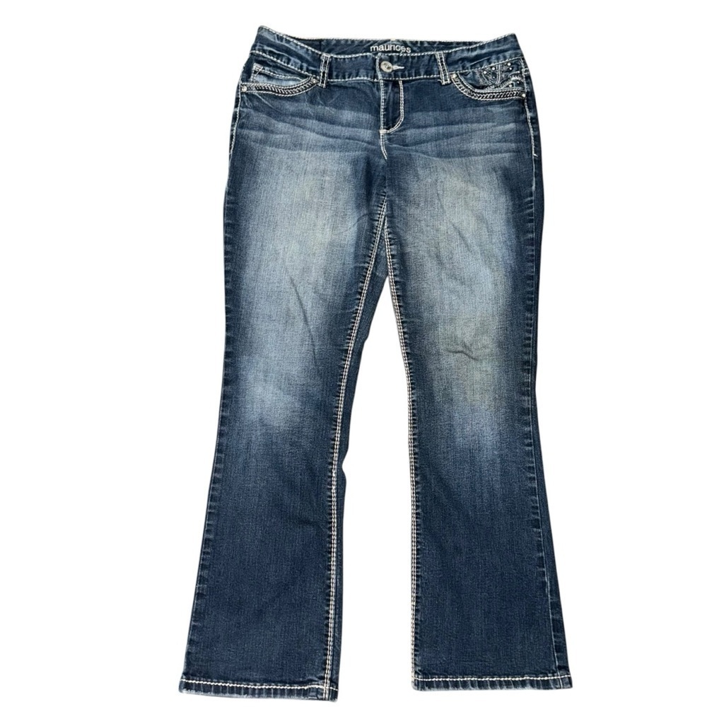 Maurices Women's 9/10 Short Blue Bootcut Low Rise Faded Rhinestones Denim